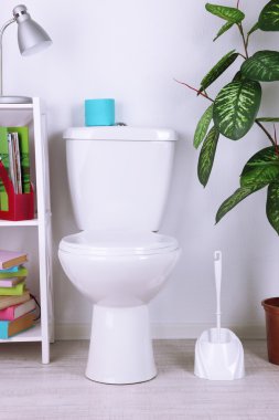 Klozet beyaz ve kitapları, renkli duvar arka plan ile stand