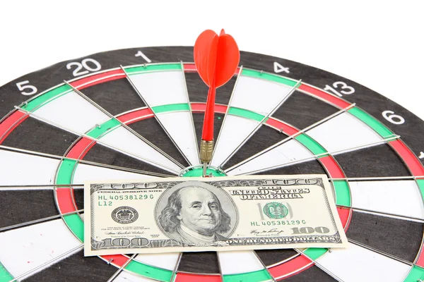 Dart on dartboard and money close up. Concept of success. — Stock Photo, Image