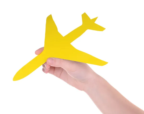 Toy airplane in hand isolated on white — Stock Photo, Image