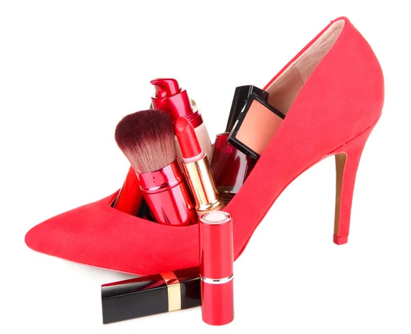 Beautiful red female shoe with cosmetics, isolated on white — Stock Photo, Image