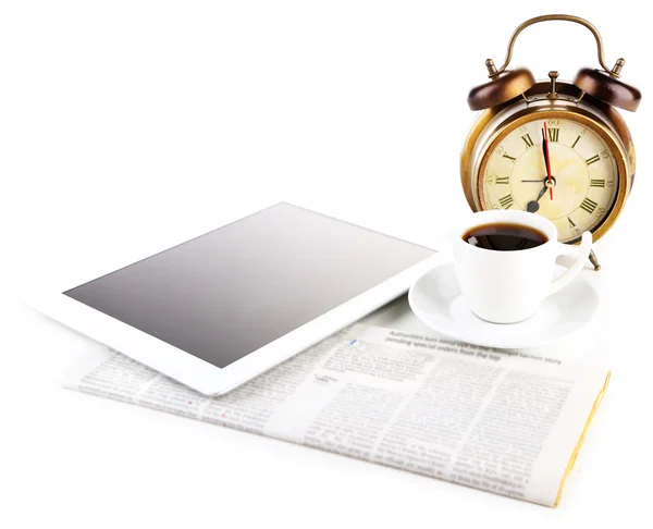 Tablet, newspaper, cup of coffee and alarm clock, isolated on white — Stock Photo, Image