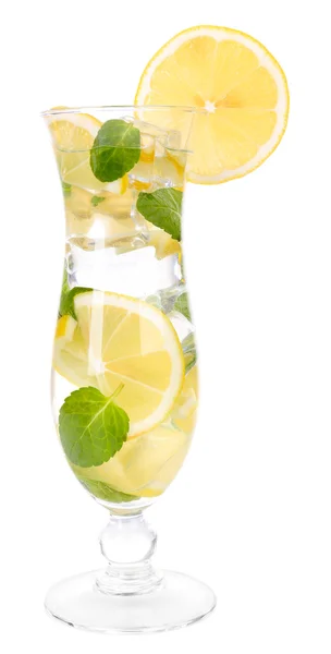 Glass of cocktail with lemon and mint isolated on white — Stock Photo, Image