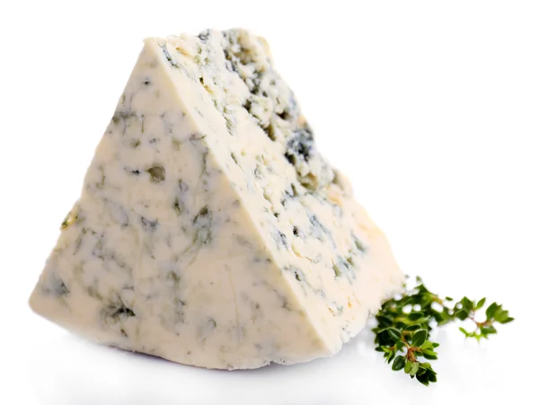 Tasty blue cheese with thyme, isolated on white — Stock Photo, Image