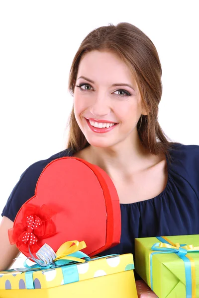 Atractiva mujer con cajas de regalo, aislada en blanco —  Fotos de Stock