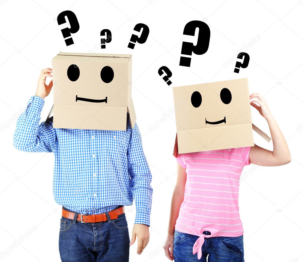 Couple with cardboard boxes on their heads isolated on white