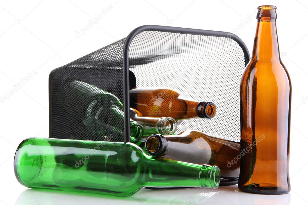 Glass bottles in recycling bin isolated on white