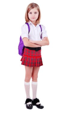 güzel küçük bir kız ile üzerine beyaz izole sırt çantası