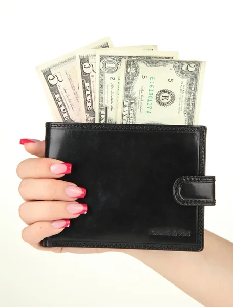 Female hand holding black wallet, isolated on white — Stock Photo, Image