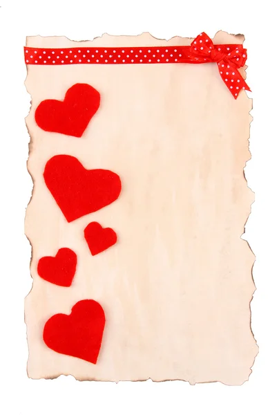 Beautiful sheet of paper with decorative hearts, isolated on white — Stock Photo, Image