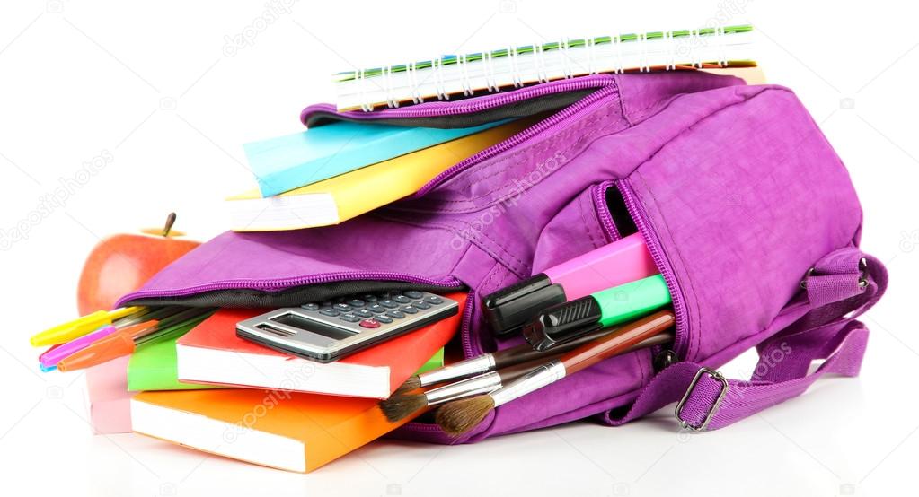 Purple backpack with school supplies isolated on white Stock Photo by
