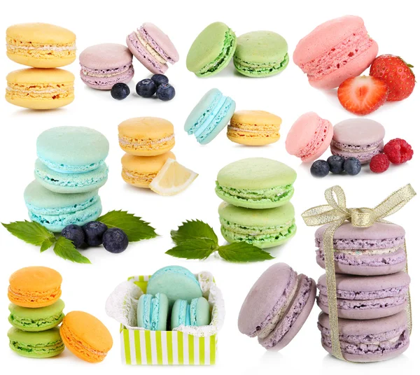 Collage of different gentle macaroons isolated on white — Stock Photo, Image