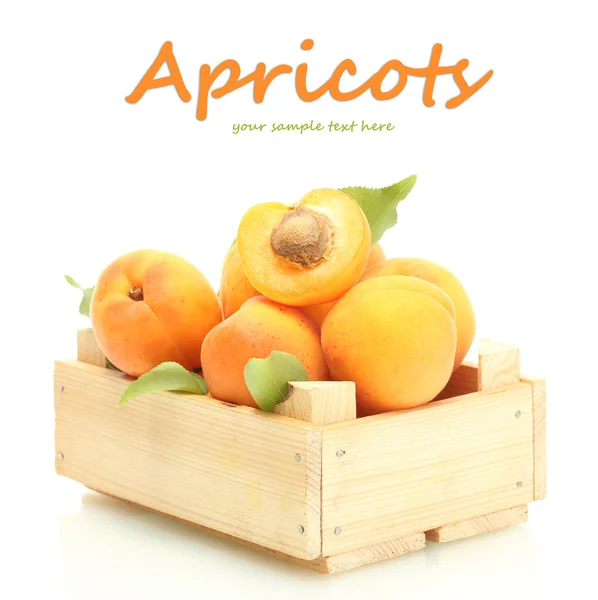 Ripe apricots with green leaves in wooden box isolated on white — Stock Photo, Image