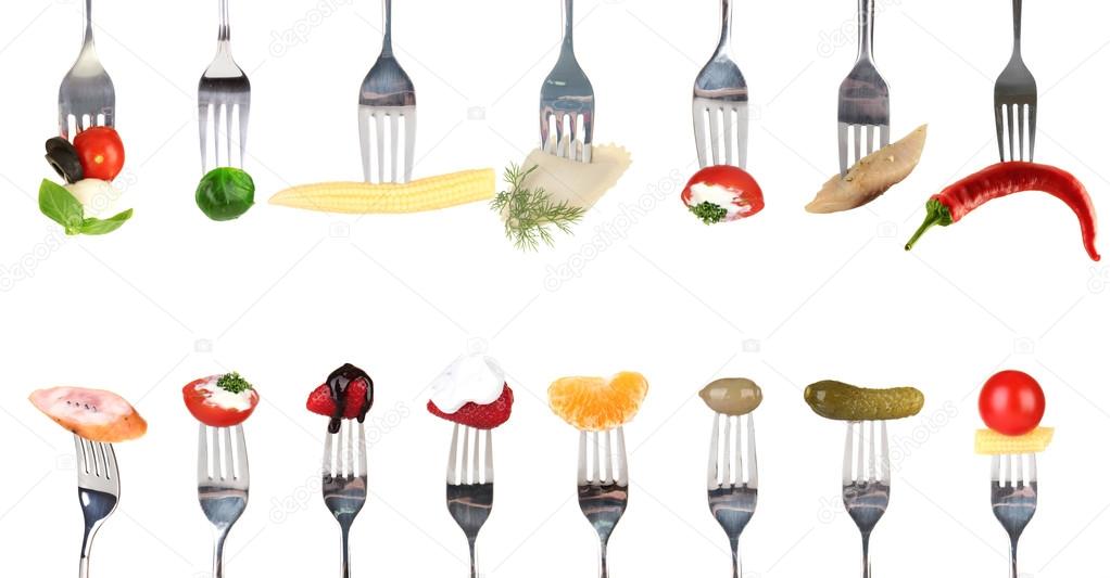 Collage of food on forks isolated on white Stock Photo by ©belchonock 40203271