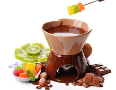 beyaz izole meyve, çikolata fondü