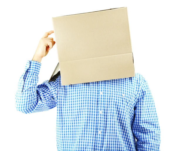Adam başını üzerine beyaz izole karton kutu — Stok fotoğraf