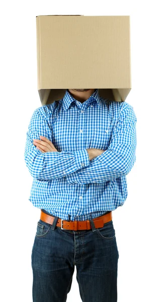 Man with cardboard box on his head isolated on white — Stock Photo, Image