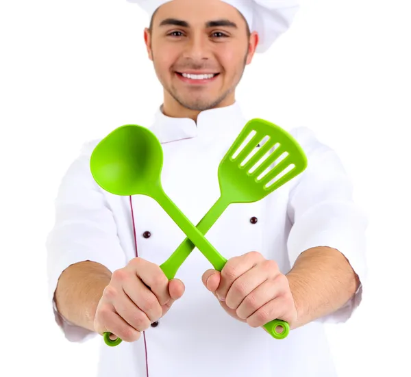 Profesionální kuchař v bílé uniformě a klobouk, izolované na bílém — Stock fotografie