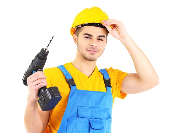 Construtor masculino em capacete amarelo isolado em branco — Fotografia de Stock