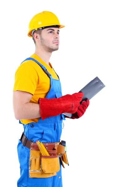 Trabajador joven aislado en blanco —  Fotos de Stock