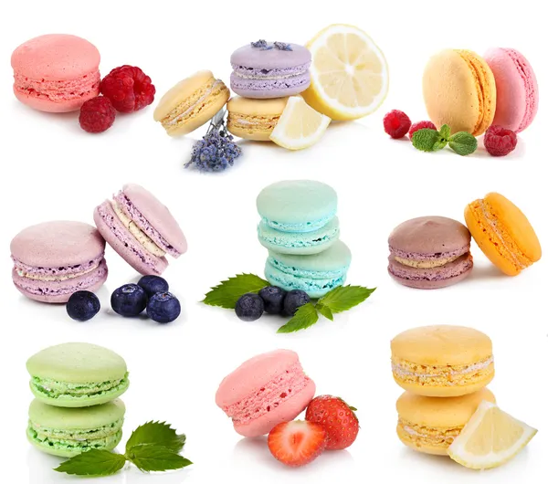 Collage of different gentle macaroons isolated on white — Stock Photo, Image