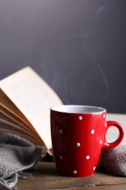 sıcak çay ile kitap ve tabloda gri arka plan üzerine şal