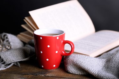 sıcak çay ile kitap ve tabloda gri arka plan üzerine şal