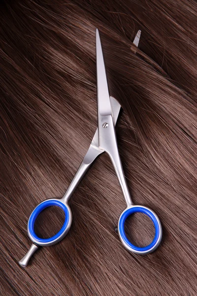 Long brown hair with scissors on close up — Stock Photo, Image