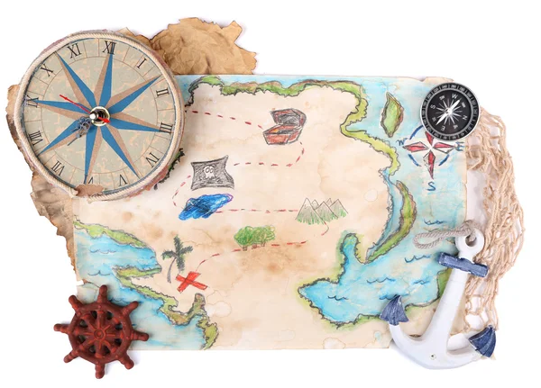 Treasure map with sea accessories, isolated on white — Stock Photo, Image