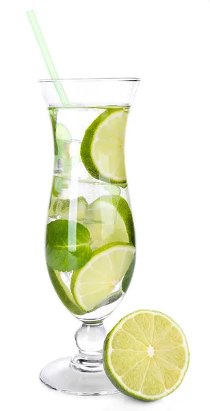 Glass of cocktail with lime and mint isolated on white — Stock Photo, Image