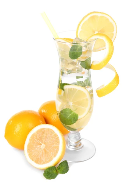 Glass of cocktail with lemon and mint isolated on white — Stock Photo, Image