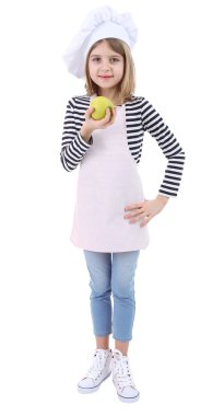 güzel küçük bir kız üzerinde beyaz izole apple holding