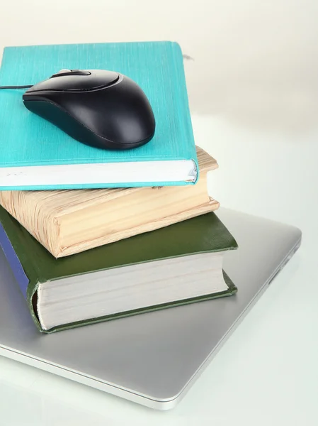 Mouse de computador em livros e notebook isolado em branco — Fotografia de Stock