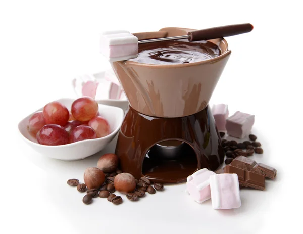 Chocolate fondue with marshmallow candies and fruits, isolated on white — Stock Photo, Image
