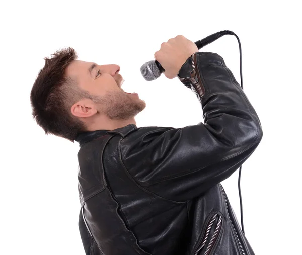 Joven músico cantando, aislado en blanco — Foto de Stock