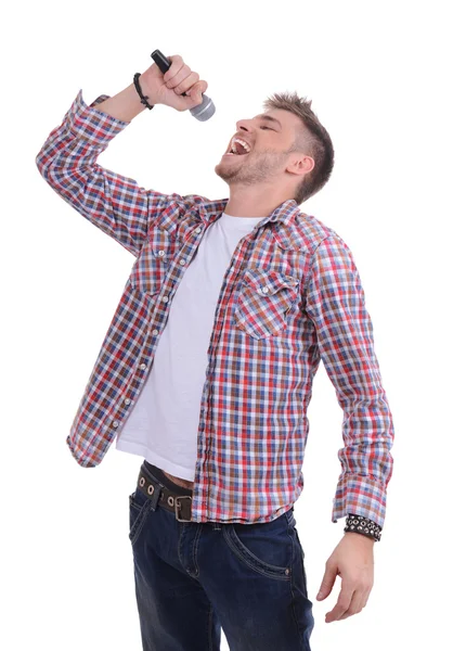 Joven músico cantando, aislado en blanco — Foto de Stock