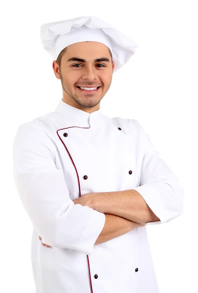 Chef profissional em uniforme branco e chapéu, isolado em branco — Fotografia de Stock