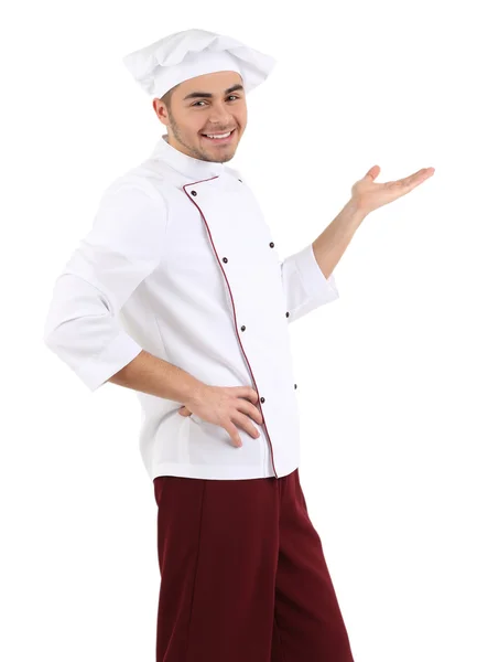 Professional chef in white uniform and hat, isolated on white — Stock Photo, Image