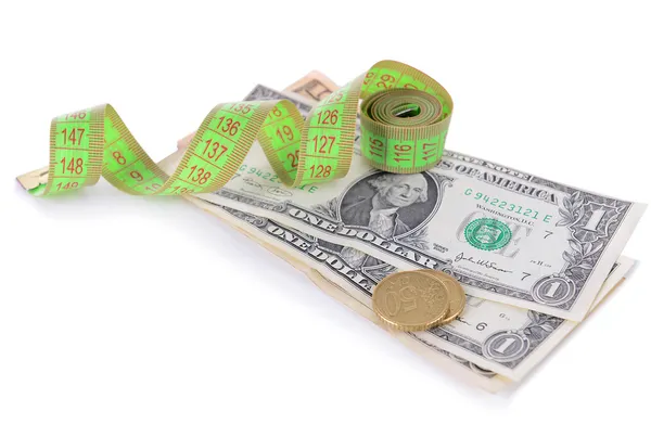 Tape measure with money isolated on white — Stock Photo, Image