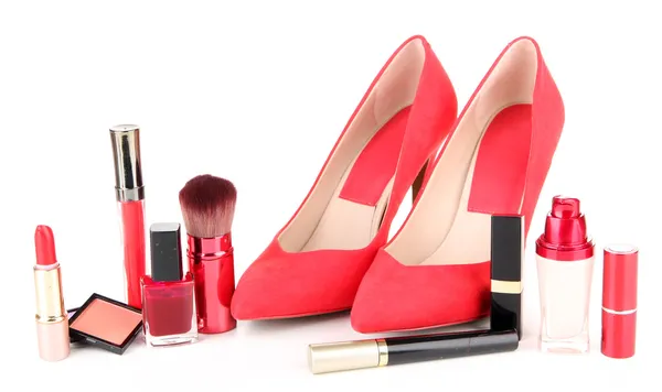 Beautiful red female shoes with cosmetics, isolated on white — Stock Photo, Image