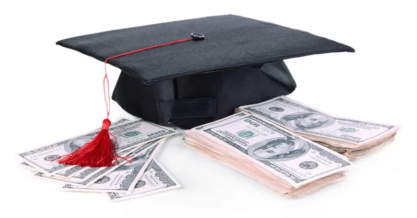 Graduation hat and money isolated on white — Stock Photo, Image