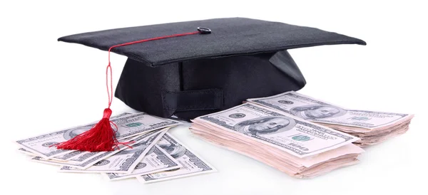 Sombrero de graduación y dinero aislado en blanco —  Fotos de Stock