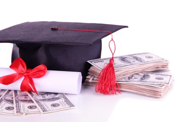 Αποφοίτηση καπέλο, χρήματα και κύλισης, απομονωμένα σε λευκό — Φωτογραφία Αρχείου