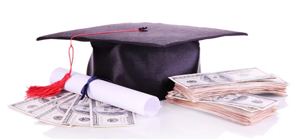 Sombrero de graduación, dinero y pergamino, aislado en blanco —  Fotos de Stock