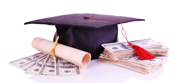 Chapéu de graduação, dinheiro e pergaminho, isolado em branco — Fotografia de Stock