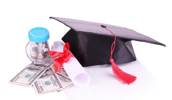 Sombrero de graduación, dinero y pergamino, aislado en blanco — Foto de Stock
