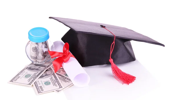 Graduation hat, money and scroll, isolated on white — Stock Photo, Image