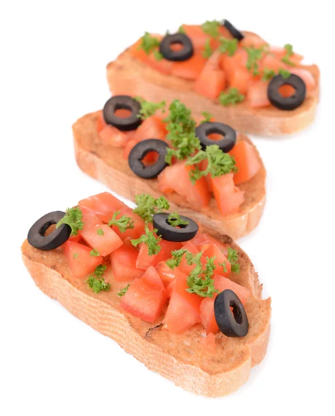 Lezzetli, üzerinde beyaz izole domates bruschetta — Stok fotoğraf