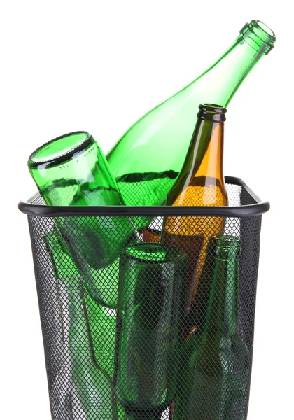 Glass bottles in recycling bin isolated on white — Stock Photo, Image