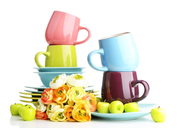 Clean colorful tableware isolated on white — Zdjęcie stockowe