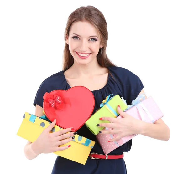 Aantrekkelijke vrouw met geschenkdozen, geïsoleerd op wit — Stockfoto